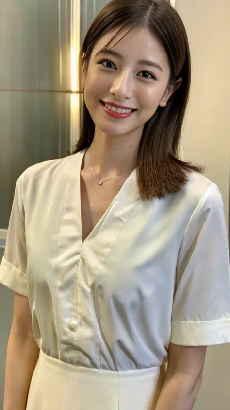 (Highest quality、high resolution、High resolution、masterpiece、8K:1.1)、One Woman、27-year-old Japanese woman、news caster、announcer、Look at you with a gentle smile、Detailed face、Detailed eyes、Natural Makeup、A ruddy face、Lifelike skin texture、((Clear photos、RAW...