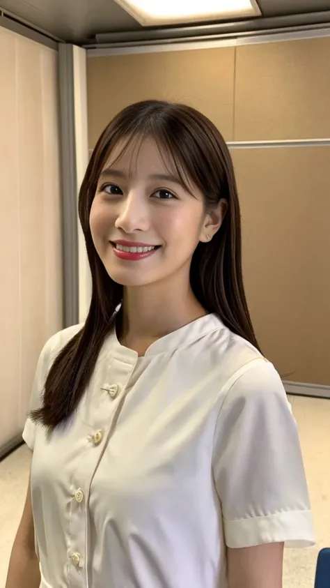 (Highest quality、high resolution、High resolution、masterpiece、8K:1.1)、One Woman、27-year-old Japanese woman、news caster、announcer、Look at you with a gentle smile、Detailed face、Detailed eyes、Natural Makeup、A ruddy face、Lifelike skin texture、((Clear photos、RAW...