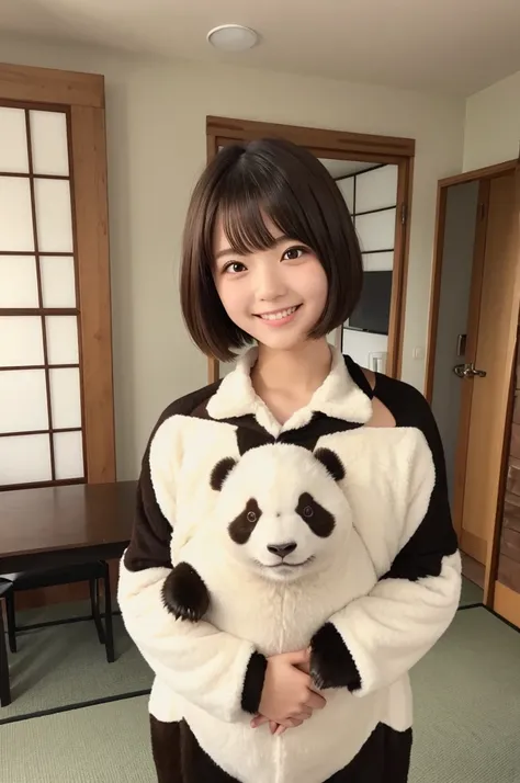 A cute 20-year-old Japanese woman、Beautiful Skin、Beautiful Hair、Short Hair Length、Bob Hair、Brown Hair Color、Beautiful Eyes、Brown Eye Color、A big smile、place：Cute home room、Wearing a full-body panda costume、Standing posture that reflects the whole body