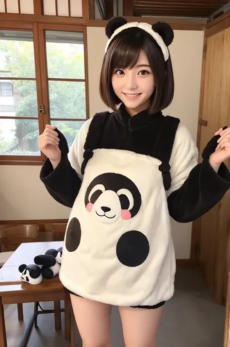 A cute 20-year-old Japanese woman、Beautiful Skin、Beautiful Hair、Short Hair Length、Bob Hair、Brown Hair Color、Beautiful Eyes、Brown Eye Color、A big smile、place：Cute home room、Wearing a full-body panda costume、Standing posture that reflects the whole body