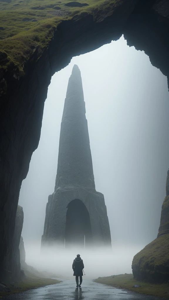 Faint hint of a lonely wanderer walking in the direction of an ridiculous enormously gigantic stone sculpture of a face in the distant mist and fog, cinematic