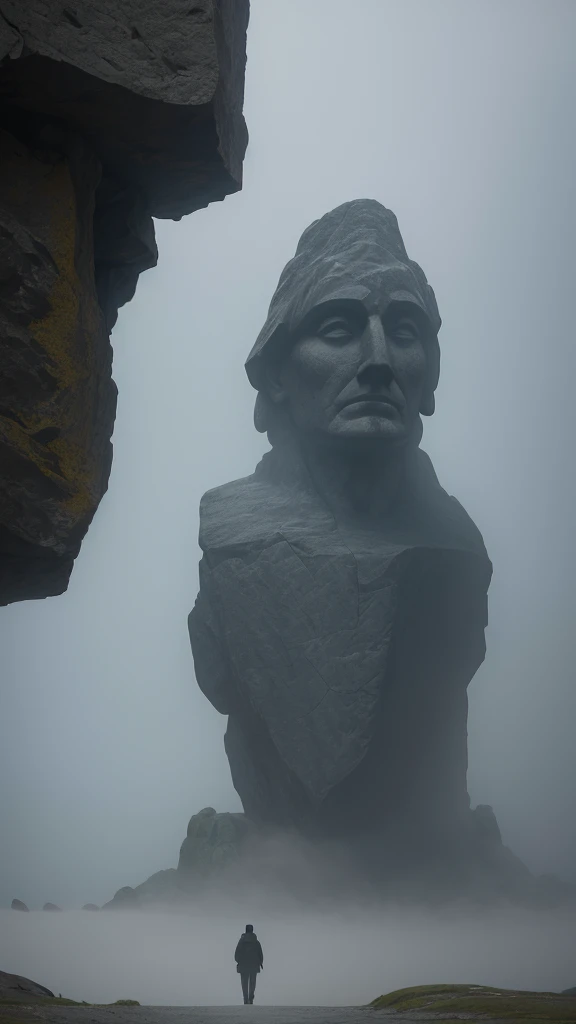 Faint hint of a lonely wanderer walking in the direction of an ridiculous enormously gigantic stone sculpture of a face in the distant mist and fog, cinematic