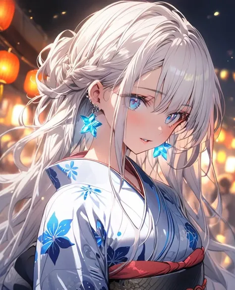 gal，Glittery earrings，Blue glowing tattoo,Long white hair,blue eyes,yukata