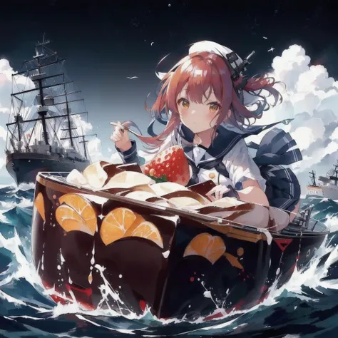 Anime girl in sailor suit with strawberry on pudding boat, Sailboat behind,Kantai Collection Style, konpeki no kantai, Kantai Collection, splash art anime change, Azur Lane Style, From the Azur Lane video game, Anime Wallpaper, small change girl, Anime Foo...