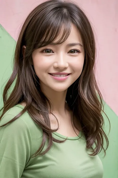 ((Highest quality)), ((masterpiece)), (detailed), One Girl, Tabletop, 40 years old,cute,smile,mature,Fresh,Hollow Eyes,Long Hair,Layer Styles,Thick lips,Soft atmosphere,Light green shirt,The background is a pink wall,stylish,seems kind