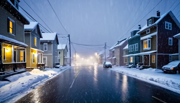 car, street with several houses, blizzard, falling snow, ominous night