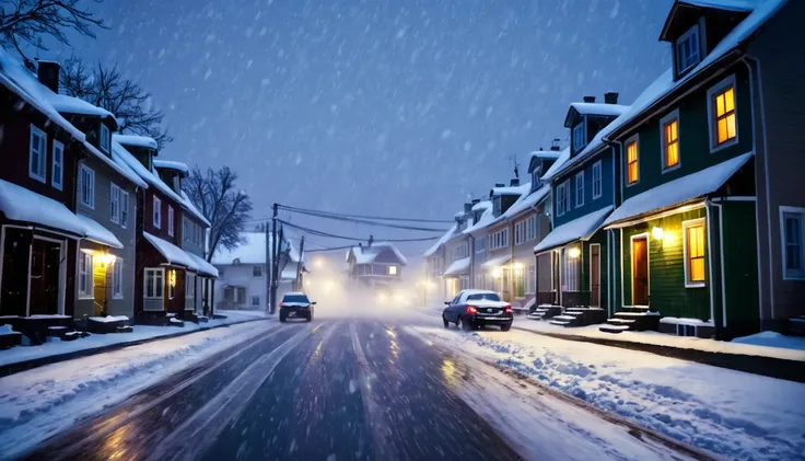 car, street with several houses, blizzard, falling snow, ominous night