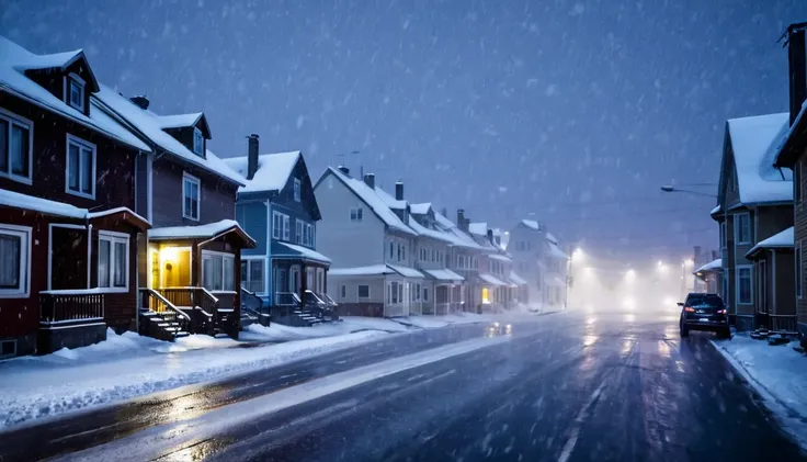 car, street with several houses, blizzard, falling snow, ominous night