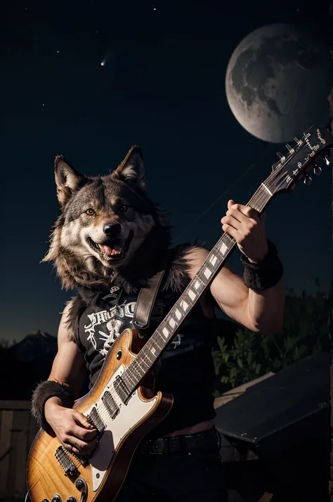  a wolf with a bestial grin plays the guitar in the style of James Hetfield against the background of the night sky