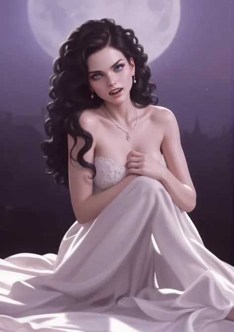 score_9, score_8_up, score_7_up, score_6_up, rating: safe, 1girl, solo, (black_hair:1.5), wavy_hair, jewelry, dress, blue_eyes, earrings, (long_hair:1.5), looking_at_viewer, curly_hair, full_body, lips, lace, white_dress, gold_dress, (night:1.3), cxqz8r, m...