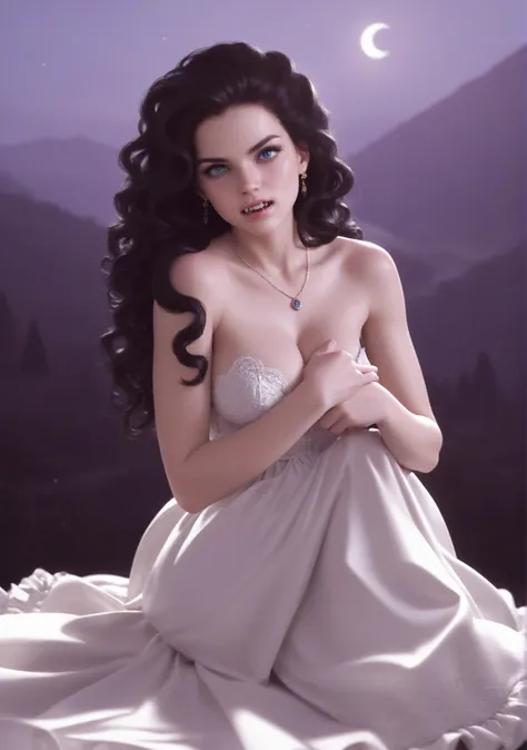 score_9, score_8_up, score_7_up, score_6_up, rating: safe, 1girl, solo, (black_hair:1.5), wavy_hair, jewelry, dress, blue_eyes, earrings, (long_hair:1.5), looking_at_viewer, curly_hair, full_body, lips, lace, white_dress, gold_dress, (night:1.3), cxqz8r, m...