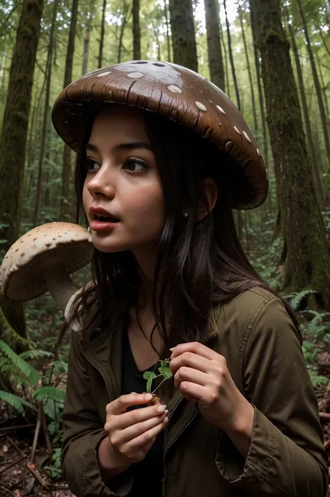 A girl eating mushroom in the forest who looks like horror image