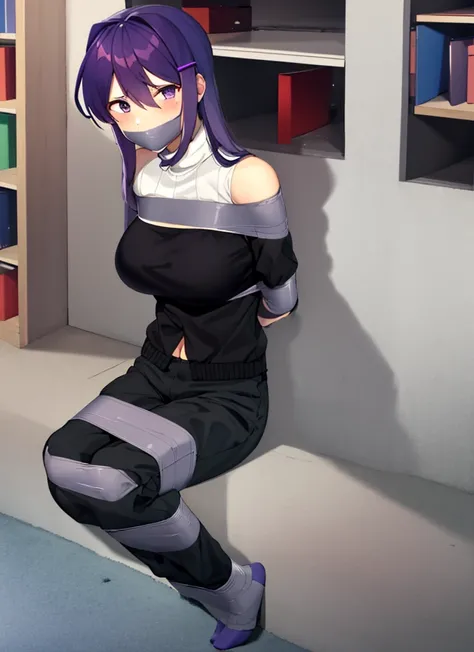 ((best quality)), ((highly detailed)), absurdres, (detailed eyes, deep eyes), (1girl), dynamic pose, Yuri, purple eyes, ((purple hair)), very long hair, sidelocks, hair ornament, hairclip, large breasts, smile, ribbed sweater, long sleeves, turtleneck swea...