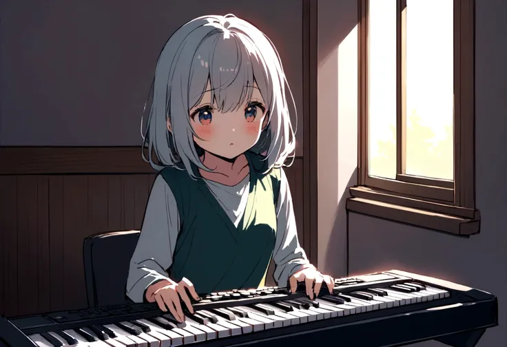 keyboard, Song, praise, Looking straight into the room at the wall, Cute and adult room, 