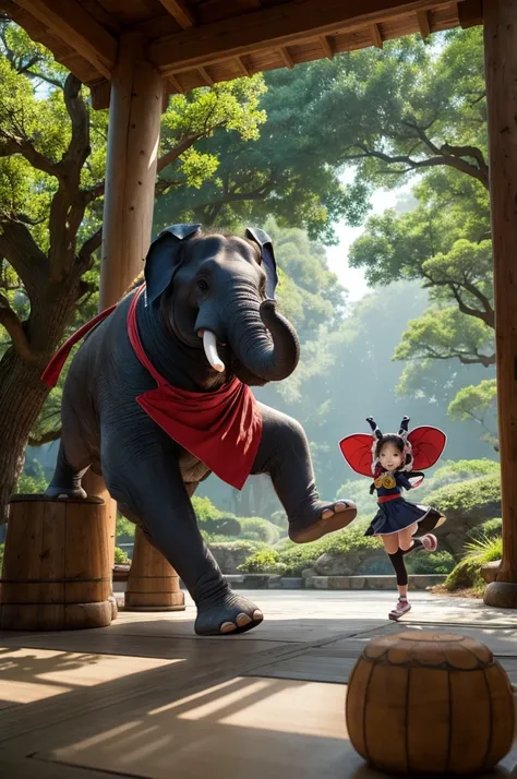 "A hyper-realistic yet Pixar-style cute image of an anthropomorphic elephant dressed as a ninja. The elephant has a human-like body but retains adorable pachyderm features such as large ears and a trunk, wearing a small-sized traditional ninja outfit with ...