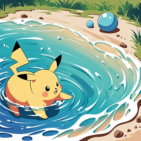 cute scene featuring pikachu practicing swimming, pikachu should be in a shallow pool or a calm body of water, looking determine...