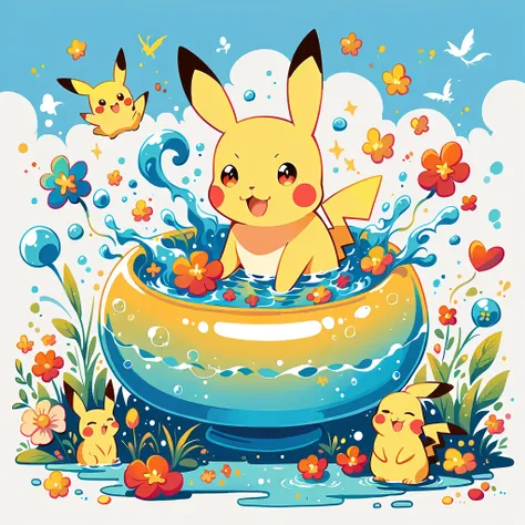 cute scene featuring pikachu practicing swimming, pikachu should be in a shallow pool or a calm body of water, looking determine...