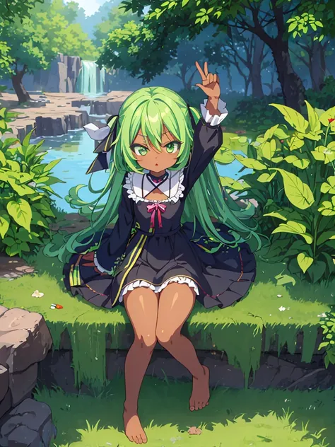 loli,masterpiece, highest quality,highquality,HD,anime,small female,cute,pretty,kawaii,micro body,Green hair,Barefoot,slanted eyes,,ebony skin,arms behind