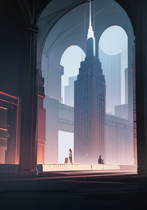 inside a luxury office building, tall columns, vaulted ceilings, spacious hall, interior of the future, space academy interior, behind the high arched windows there is a city with skyscrapers, spaceships fly across the sky, frame from the floor, illustrati...