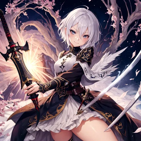 a close up of a person with a sword, by Shitao, pixiv, auto-destructive art, girl with short white hair, fullbody commission for, smirk expression, full color illustration, anime style”