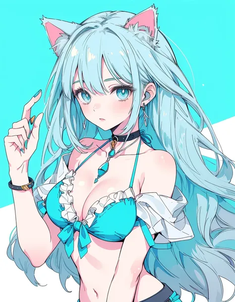 adjusting swimsuit, untied bikini, shorts, ((masterpiece, best quality:1.5)), ((Beautiful detailed cat aqua eyes:1.2)), cat ears, pale skin, large breasts, beautiful hands, beautiful fingers, EasyNegative