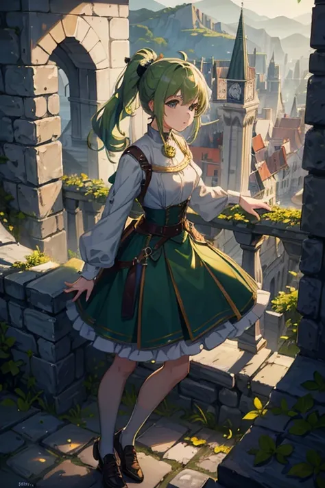 (masterpiece, Highest quality:1.2), One girl, alone，ponytail，Green and white gradient hair，Green Eyes,Adventurer,middle ages,Leather shoes,Background city