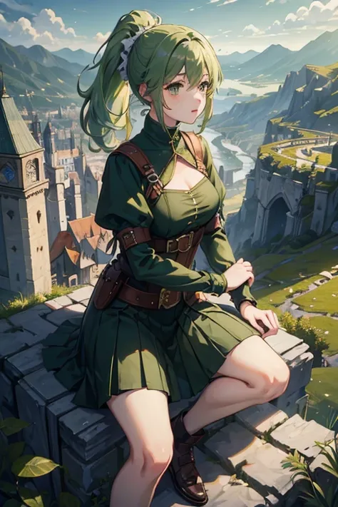 (masterpiece, Highest quality:1.2), One girl, alone，ponytail，Green and white gradient hair，Green Eyes,Adventurer,middle ages,Leather shoes,Background city