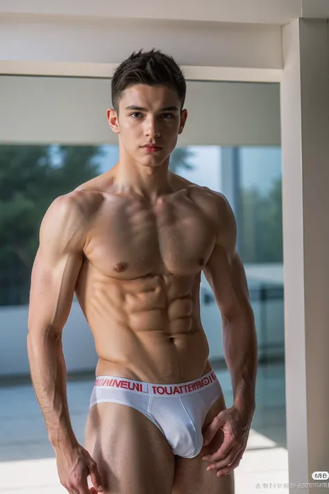 Masterpiece, Best quality, Solo,European Man,white wall background, skinny boy body, muscle body,sport body, big muscle, Handsome face,Black Hair Color,Natural eyes, athletic physique, slender, no body hair, He was wearing tight White Calvin Klein underwea...