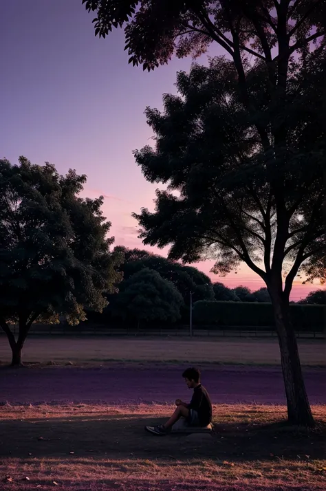 Purple sky evening with some vibes..there is a boy who is sitting under a tree and the tree is black and shadow is seen an the boy is also black and his shadow...dark and sad