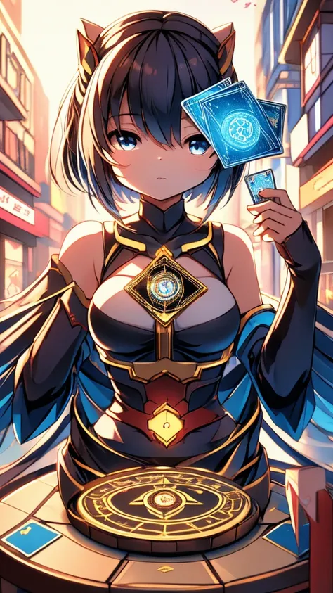 Cards，There are many cards floating in the sky，Girl holding cards，Girl holding a card，Fantasy style，Magic Style，Sci-fi style，Sci-fi style与Magic Style的繁复花纹，Cards are floating in the background，Girl holding cards，Girl holding cards，A girl holding a card with...