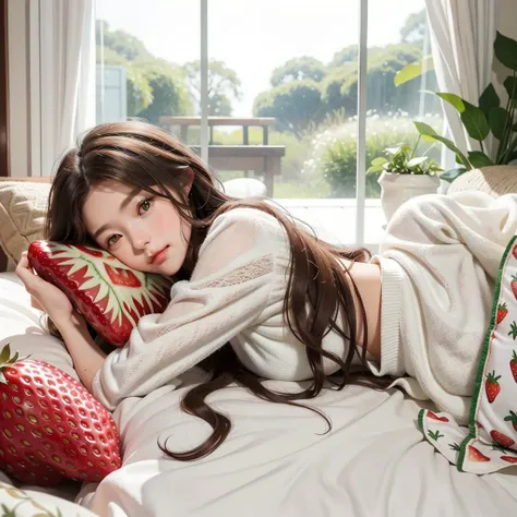 Girl with semi-long wavy brown hair, lying on her back hugging a pillow, in tender white pajamas and patterned strawberries, tender girls scenery, emerald eyes,