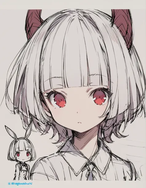 Bunny ears girl(Sketches), (Open Close), (Small body), (White Hair:1.5） (Short Hair:1.4), (Red eyes)(Blunt bangs:1.3)Horns from the forehead
