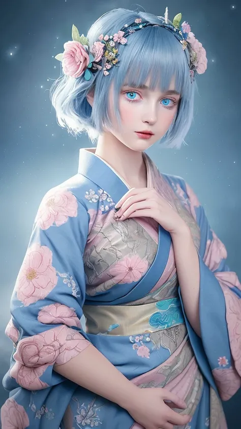 Create a highly detailed digital illustration of a cute anime-style girl. She has a youthful and delicate appearance with big, expressive blue eyes and a short bob hairstyle dyed in a pastel shade of blue. She is dressed in an elaborate, traditional kimono...