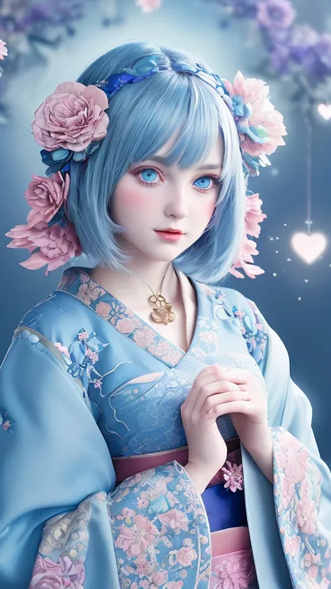 Create a highly detailed digital illustration of a cute anime-style girl. She has a youthful and delicate appearance with big, expressive blue eyes and a short bob hairstyle dyed in a pastel shade of blue. She is dressed in an elaborate, traditional kimono...