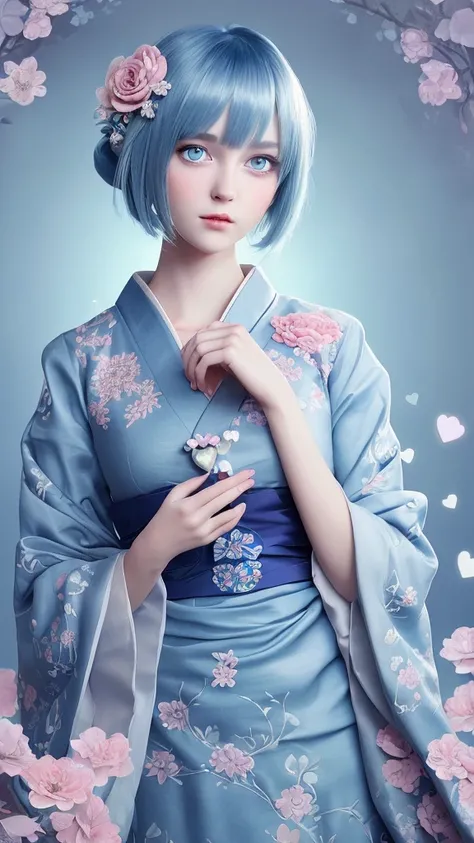 Create a highly detailed digital illustration of a cute anime-style girl. She has a youthful and delicate appearance with big, expressive blue eyes and a short bob hairstyle dyed in a pastel shade of blue. She is dressed in an elaborate, traditional kimono...