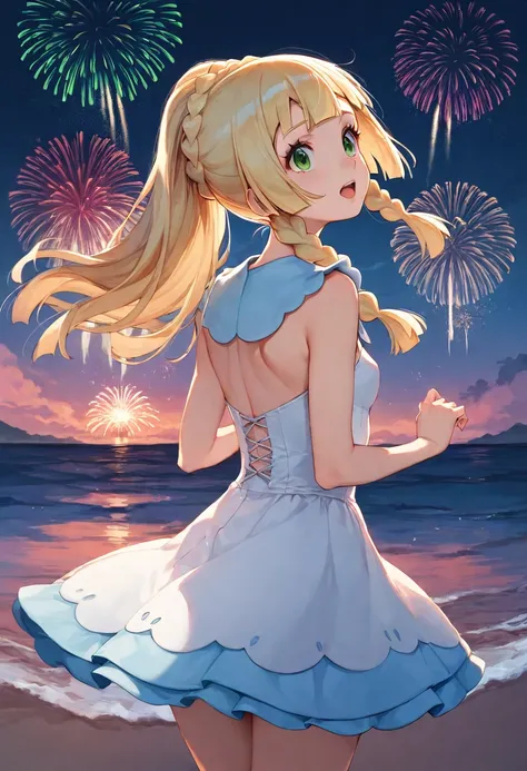 score_9,score_8_up,score_7_up,cowboy shot,((HENTAI Anime)),(details background),1girl,lillie(pokemon),open mouth,look up sky,night,sky,back view,Lots of fireworks,sea