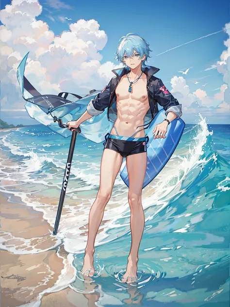 Ocean, sandy beach, one boy, light blue hair, bangs, swimsuit, holding surfboard
