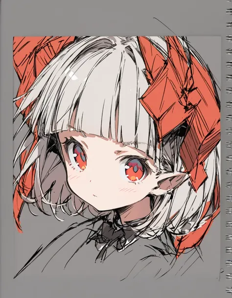 Bunny ears girl(Sketches), (Open Close), (Small body), (White Hair:1.5） (Short Hair:1.4), (Red eyes)(Blunt bangs:1.3)Horns from the forehead
