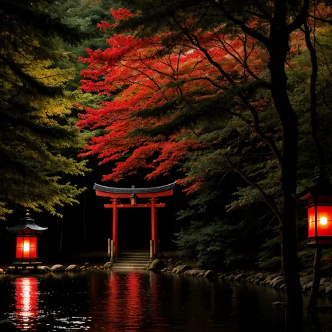 The lantern of Yomi-no-Kuni in a lake with lampions and lights in a forest with trees with white lanterns on it with red accents with a torii gate in the middle with light shafts shining through the trees and the forest, so you can see a bit of the sky

