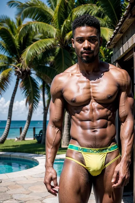 Jamaican Man,perfect body,Sport and Skinny boy body, 18 years old,Handsome face,Smiling face, good mood.,Jamaican nationalityJamaican ethnicity,Jamaican skin color,ฺฺBlack hair color,realistic hair color,Buzz Cut Hair style,(Best quality, 8k, Masterpiece)....