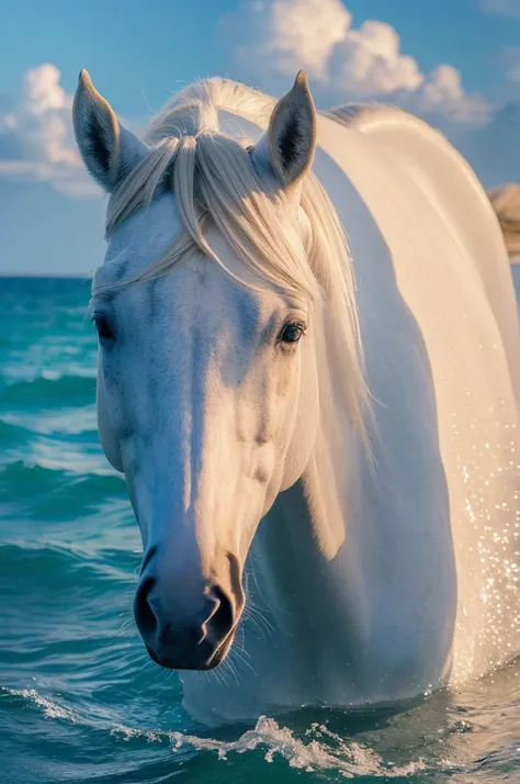 (masterpiece, 最high quality, high quality, High resolution:1.4), detailed,Soft indirect lighting, 4K,Ocean，cloud，White Horse