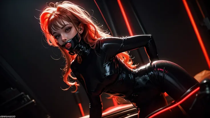 a very beautiful and very thin girl, wears black underwear with tights and latex face mask. Dark room with only red neon lighting. lot of details, extremely realistic. good quality, 8K