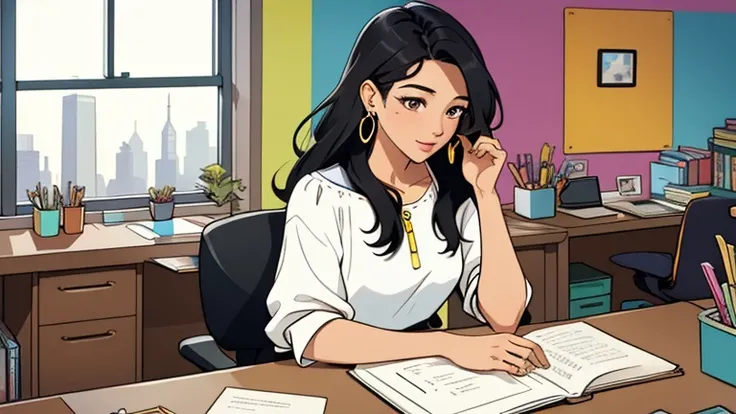 In the background there are many desks and people, Beautiful black-hair woman in her 30s sitting chair in an spacious and colorful office. looking down, relaxed atmosphere, cozy, LOFI girl, blouse, desk, documents, laptop, watch, smartphone, stationery, wi...