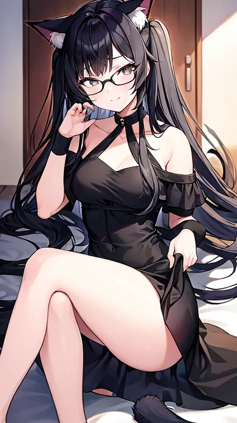 A 20-year-old cat girl with long black hair, gray eyes, cat ears and a cat tail, wears glasses, a black evening dress that reaches to her feet,