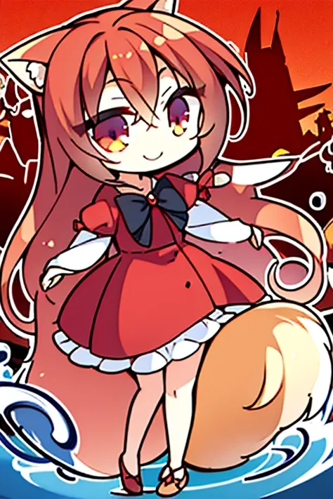 A red haired fox woman with a left red eye and right blue eye with an hourglass figure with red fox ears and a red fox tail in a cute summer dress is smiling in the park