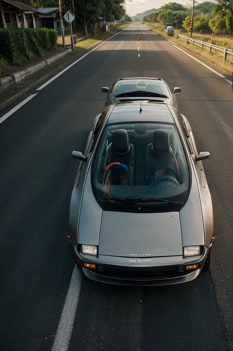 rural curve road in thailand,hi-tech silver bronze DMC DeLorean car,wing doors openned,twilight,Roadside traffic signs,The man who owned the car was standing next to the car.