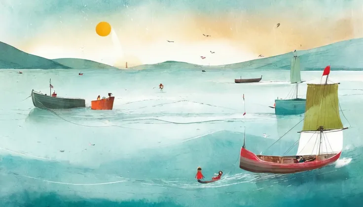 Create an illustration in the style of Oliver Jeffers, the Northern Irish artist and illustrator, depicting a story about love and education.