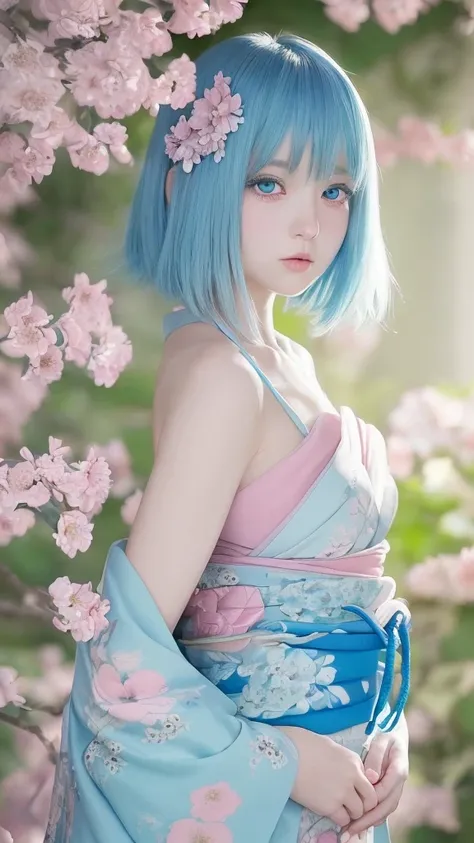 Create a digital illustration of a cute anime-style girl。she若々With a delicate appearance、With big, expressive blue eyes、She has short pastel blue bob hair.。she、Mainly in soft tones of blue and pink with floral decorations、Wearing an elaborate traditional k...