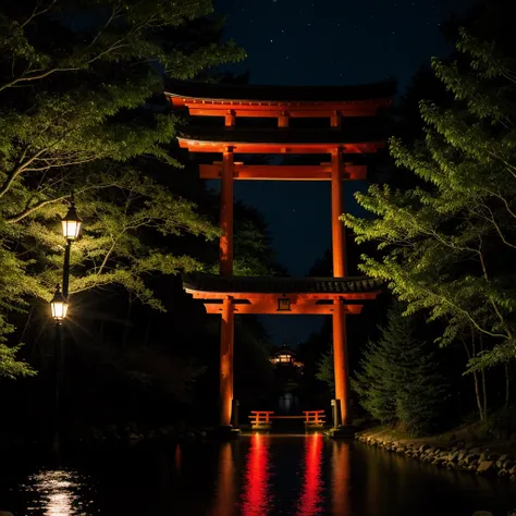 The lantern of Yomi-no-Kuni in a lake with lampions and lights in a forest with trees with white lanterns on it with red accents with a torii gate in the middle with light shafts shining through the trees and the forest, so you can see a bit of the sky
mak...