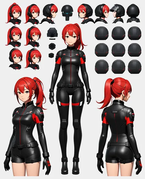 live2Dキャラクターパーツテンプレート, Parts Assets,Live 2D vtuber model assets,Red Ponytail、Black pilot suit